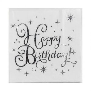 Серветки святкові паперові срібним написом  Happy Birthday