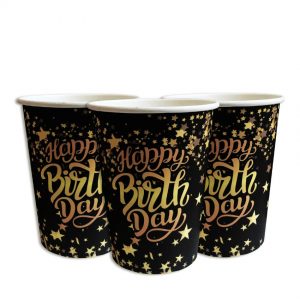 Стаканчики одноразові тематичні паперові Happy Birthday чорні з зірочками