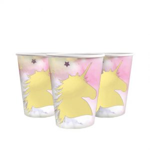 Стаканчики одноразові тематичні паперові рожеві  Золотий єдиноріг