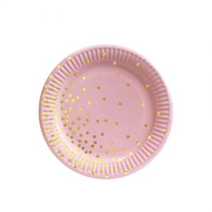 Тарілки одноразові паперові рожеві В золоту крапочку