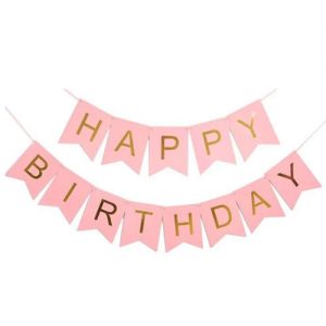 Паперова гірлянда  Happy Birthday рожева з золотим написом