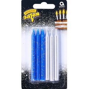 Свічки для торта Срібні Сині блиск 8см 12шт