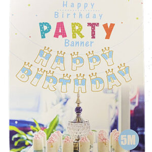Паперова гірлянда  Happy Birthday золота з коронами на блакитному5м