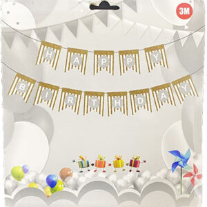 Паперова гірлянда  Happy Birthday золоті полоски на білому 3м