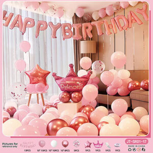 Набір кульок Happy Birthday з короною принцеса рожева