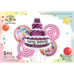 Набір кульок торт Happy Birthday рожевий 5шт