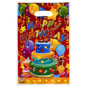 Подарункові поліетиленові пакети з тортом Happy Birthday червоні 10шт