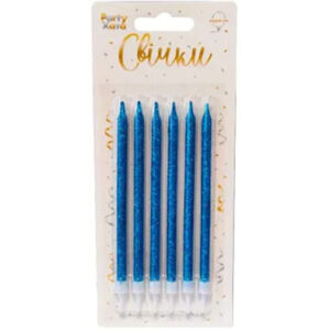 Свічки глітер синій з підставками 12см 6шт